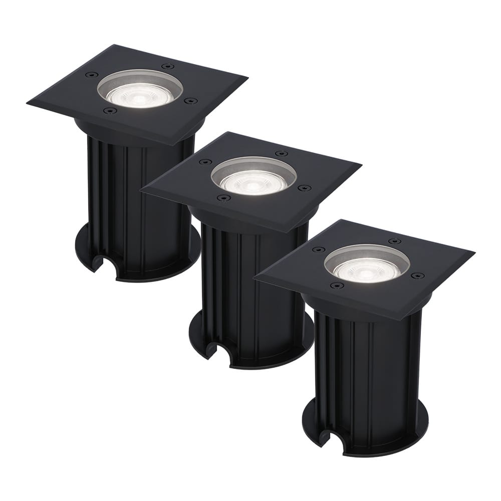 Set van 3 Ramsay LED Grondspots Vierkant - Dimbaar - GU10 - 6500K daglicht wit - 4 Watt 345 Lumen - Tuinspot - Zwart - IP67 waterdicht - Overrijdbaar voor de Oprit