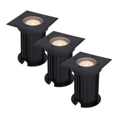 Set van 3 Ramsay LED Grondspots vierkant - Dimbaar - GU10 - 2700K warm wit - 4 Watt 345 lumen - Tuinspot - Zwart - IP67 waterdicht - Overrijdbaar voor de Oprit
