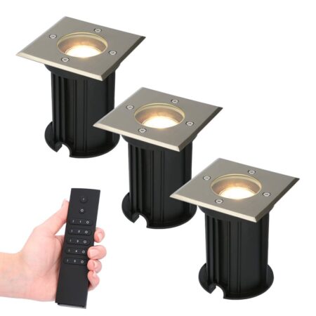 Set van 3 Ramsay LED Grondspots vierkant buiten - Dimbaar - GU10 - 2700K warm wit - 4 Watt 345 lumen - Tuinspot - RVS - IP67 waterdicht - Incl. Afstandsbediening | HOFTRONIC