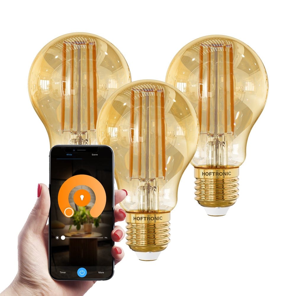 Set van 3 Smart E27 LED Filament Lamp - 7 Watt 806 lumen - A60 Amberkleurig glas - 1800-3000K Dimbaar | HOFTRONIC