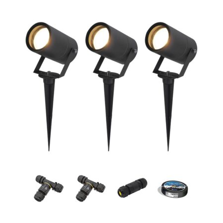 Set van 3 Spikey LED prikspot - GU10 4 Watt 345 lumen - Dimbaar - Kantelbaar - 2700K warm wit - IP65 Waterdicht - Zwart - Tuinspot - Pinspot - Inclusief installatiemateriaal (Kabel & connector) | HOFTRONIC