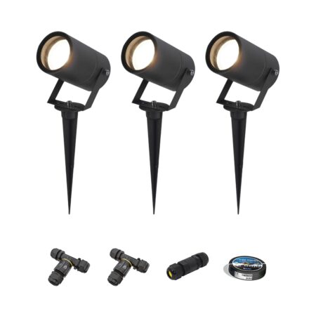 Set van 3 Spikey LED prikspots - GU10 4 Watt 345 Lumen - Dimbaar - Kantelbaar - 4000K neutraal wit - IP65 Waterdicht - Zwart - Tuinspots - Pinspots - Inclusief installatiemateriaal (Kabel & connector) | HOFTRONIC