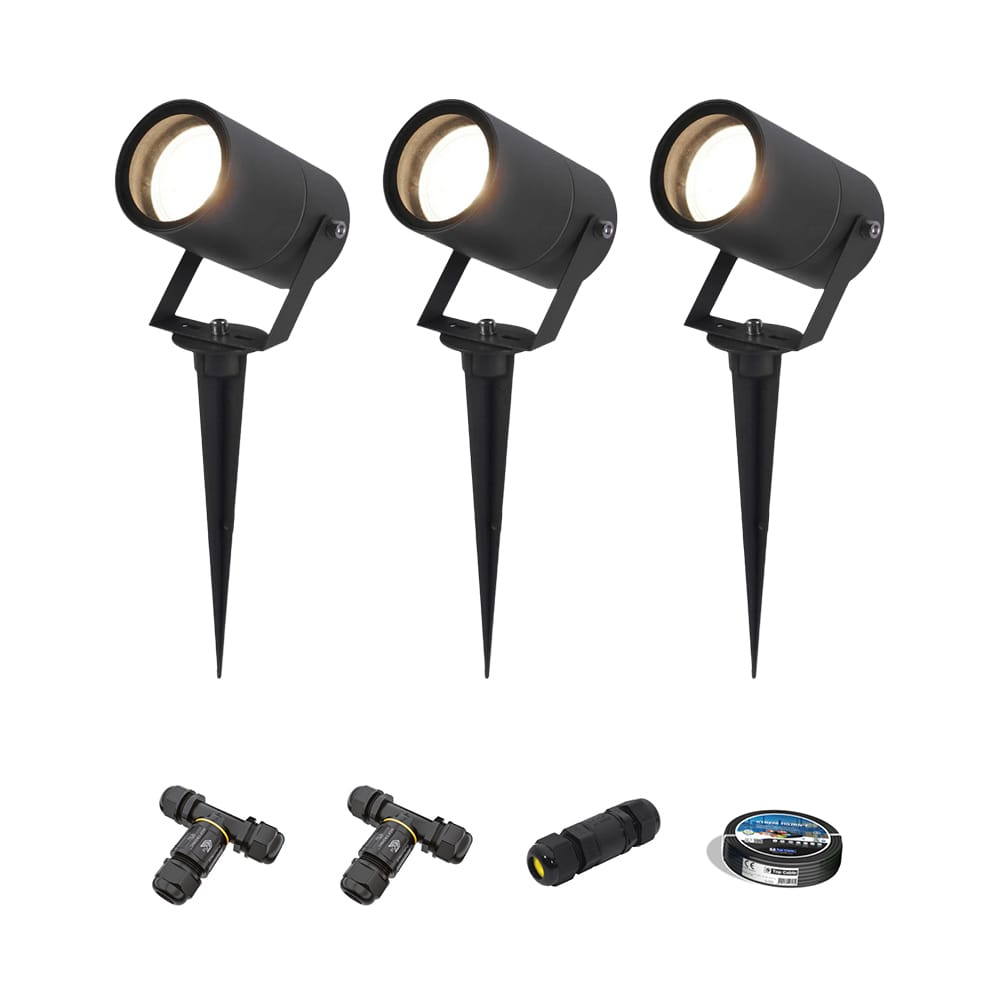 Set van 3 Spikey LED prikspots - GU10 4 Watt 345 Lumen - Dimbaar - Kantelbaar - 4000K neutraal wit - IP65 Waterdicht - Zwart - Tuinspots - Pinspots - Inclusief installatiemateriaal (Kabel & connector) | HOFTRONIC