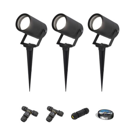 Set van 3 Spikey LED prikspots - GU10 4 Watt 345 Lumen - Dimbaar - Kantelbaar - 6500K daglicht wit - IP64 Waterdicht - Zwart - Tuinspots - Pinspots - Inclusief installatiemateriaal (Kabel & connector) | HOFTRONIC