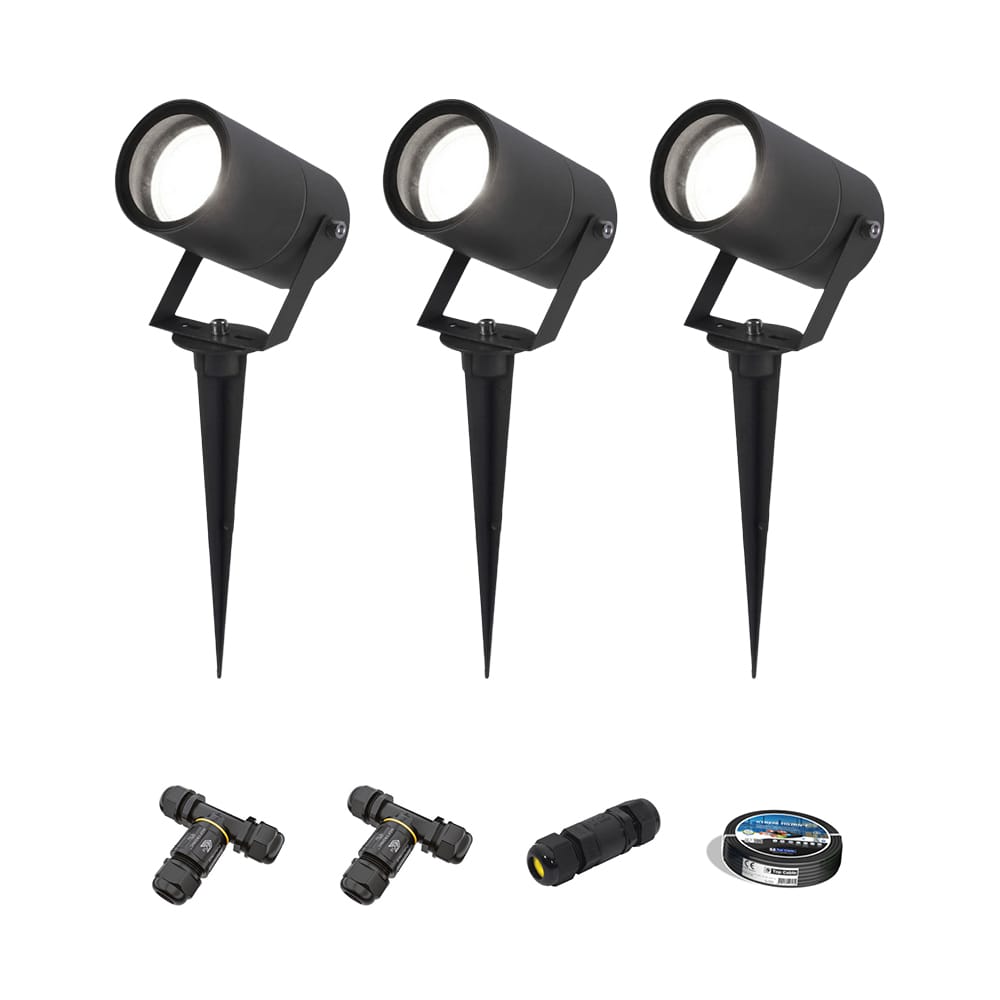Set van 3 Spikey LED prikspots - GU10 4 Watt 345 Lumen - Dimbaar - Kantelbaar - 6500K daglicht wit - IP64 Waterdicht - Zwart - Tuinspots - Pinspots - Inclusief installatiemateriaal (Kabel & connector) | HOFTRONIC