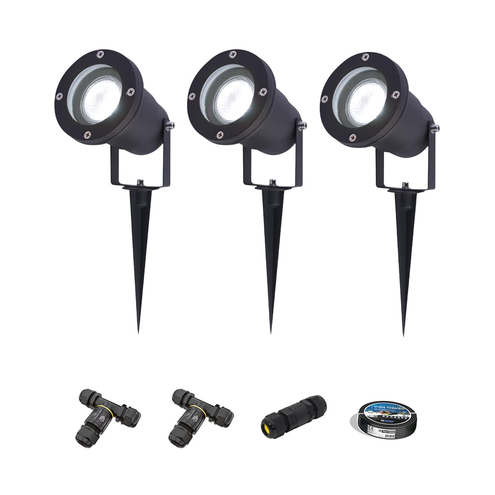 Set van 3 Sydney LED prikspots - Dimbaar - Kantelbaar - GU10 4 Watt 345 Lumen - 6500K daglicht wit - IP64 Waterdicht - Zwart - Inclusief installatiemateriaal (Kabel & connector) | HOFTRONIC