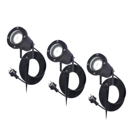 Set van 3 Sydney LED prikspots - GU10 4 Watt 345 Lumen - Dimbaar - Kantelbaar - 6500K daglicht wit - IP64 Waterdicht - 1.5m kabel met EU-stekker - Zwart | HOFTRONIC
