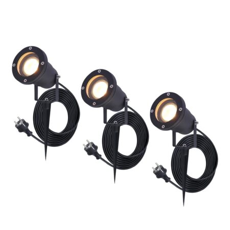 Set van 3 Sydney LED prikspots - GU10 4 Watt 345 lumen - Dimbaar - Kantelbaar - 2700K warm wit - IP65 Waterdicht - 1.5m kabel met EU-stekker - Zwart | HOFTRONIC