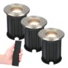Set van 3 dimbare LED grondspot Maisy - rond - RVS - 4 Watt 345 lumen - 2700K warm wit - IP65 Waterdicht - Incl. dimmer met afstandsbediening | HOFTRONIC