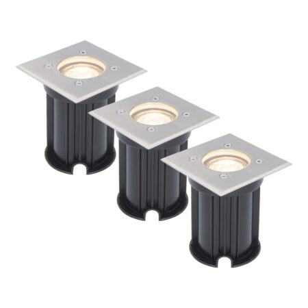 Set van 3 grondspots - RVS - vierkant - 2700K warm wit - GU10 fitting - IP65 Waterdicht - 3 jaar garantie - dimbaar - tuinverlichting | HOFTRONIC