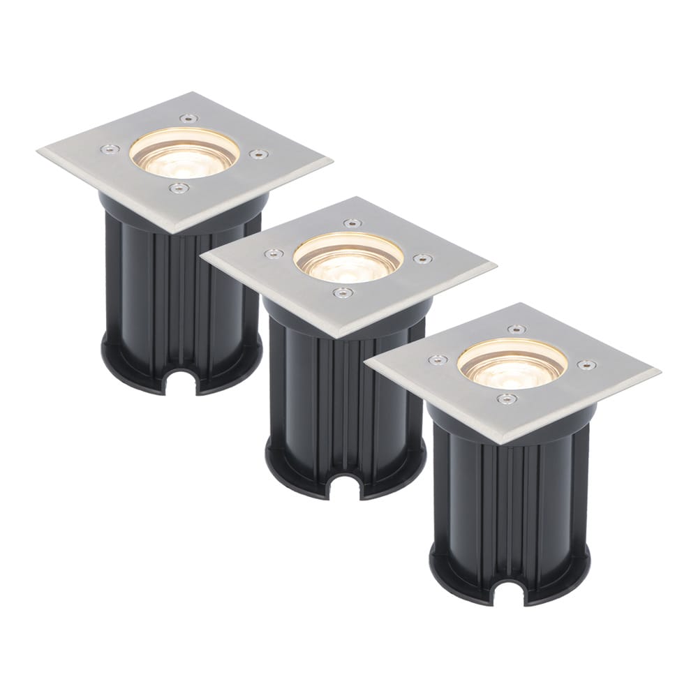 Set van 3 grondspots - RVS - vierkant - 2700K warm wit - GU10 fitting - IP65 Waterdicht - 3 jaar garantie - dimbaar - tuinverlichting | HOFTRONIC