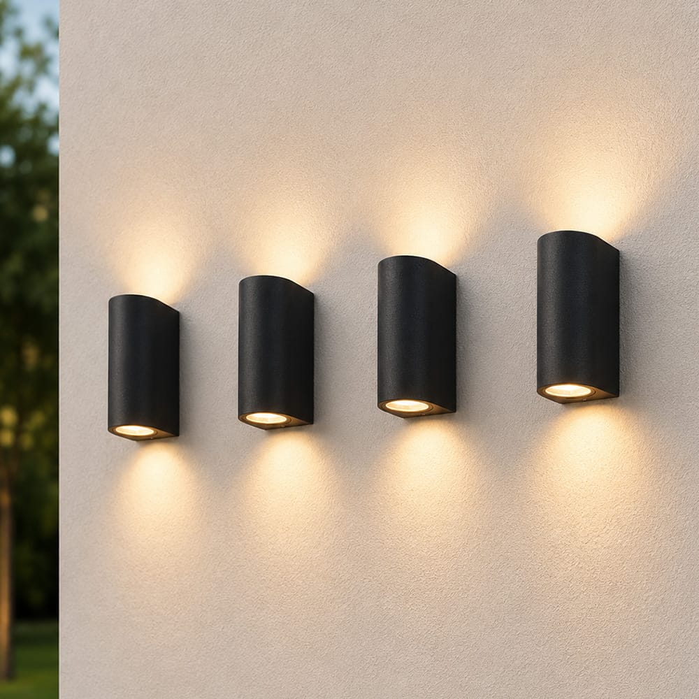 Set van 4 Douglas LED wandlamp Zwart - IP44 waterbestendig - Dimbaar - Up & Down light - GU10 excl. lichtbronnen - Polycarbonaat | HOFTRONIC