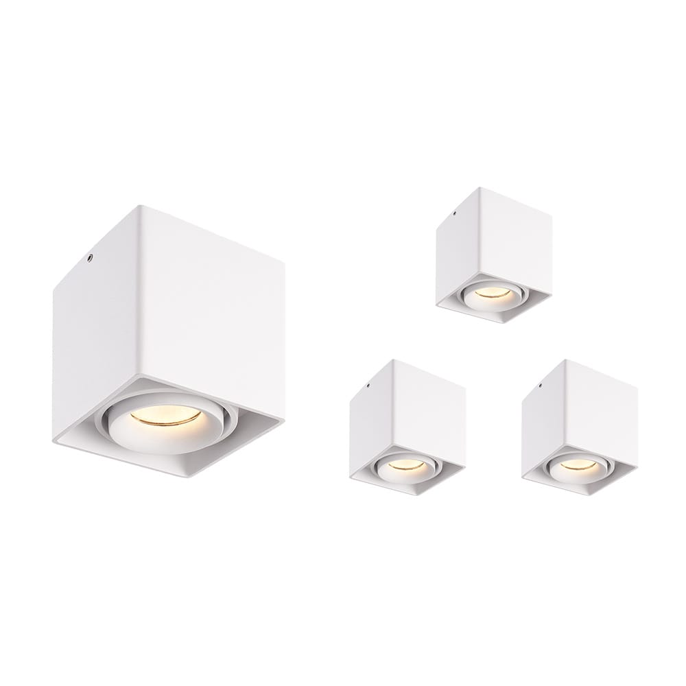 Set van 4 Esto LED vierkante opbouwspots - Dimbaar - Kantelbaar - 4 Watt 345 lumen - 2700K warm wit - GU10 - Plafondspot - Voor binnen - Vervangbare afdekring - Wit | HOFTRONIC