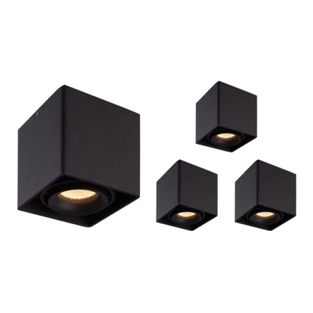 Set van 4 Esto LED vierkante opbouwspots - Dimbaar - Kantelbaar - 4 Watt 345 lumen - 2700K warm wit - GU10 - Plafondspot - Voor binnen - Vervangbare afdekring - Zwart | HOFTRONIC