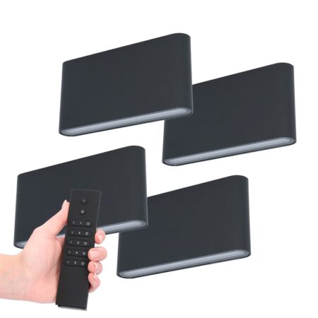 Set van 4 LED Wandlampen Dallas M - Zwart - 12 Watt 660 lumen - 3000K warm wit - Up & Down light - IP54 waterdicht - Incl. dimmer met afstandsbediening - Binnen & Buiten | HOFTRONIC