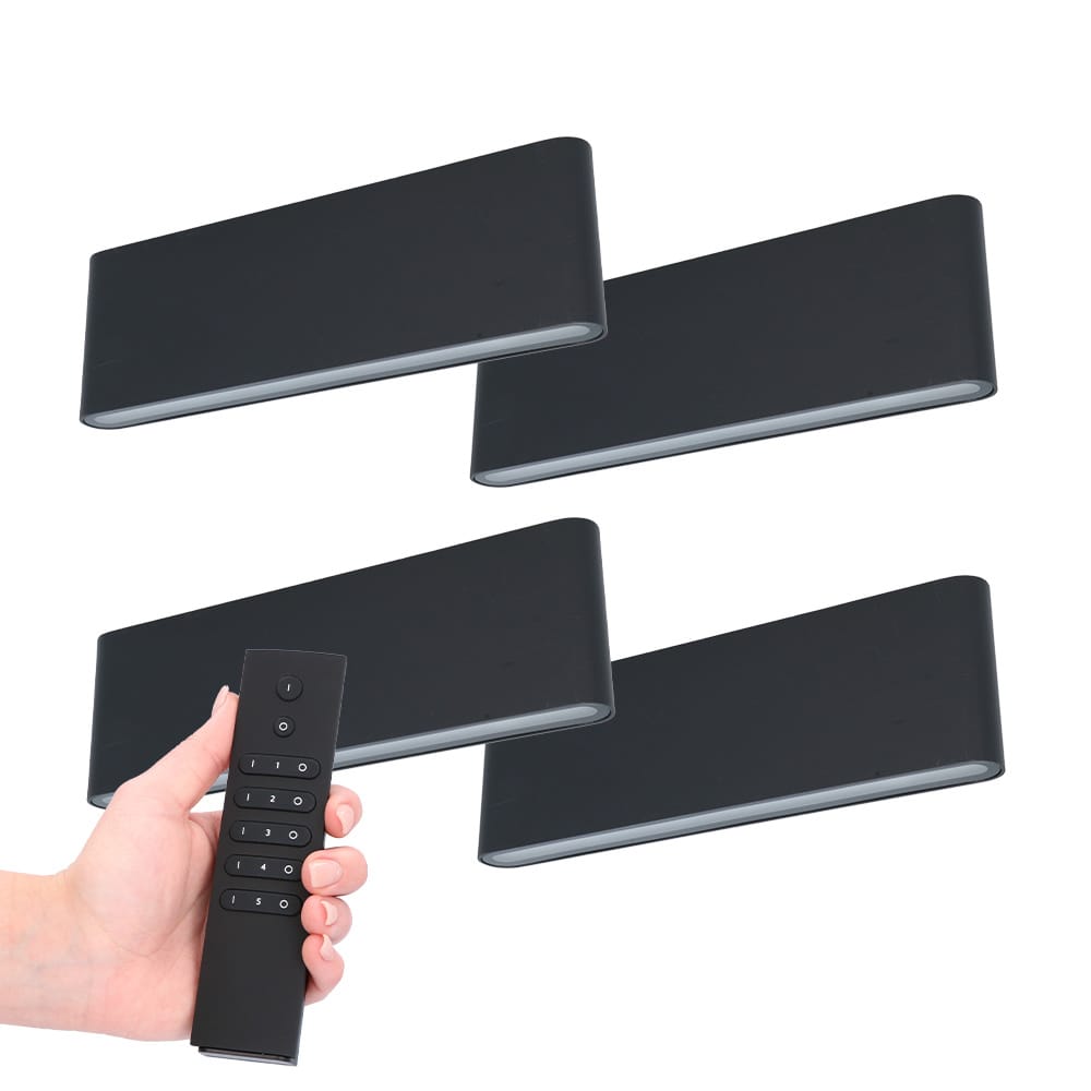 Set van 4 LED Wandlampen Dallas XL - Zwart - 3000K Warm wit - 24 Watt 2480 lumen - IP54 Waterdicht - Up & Down light - Incl. dimmer met afstandsbediening - Binnen & Buiten | HOFTRONIC