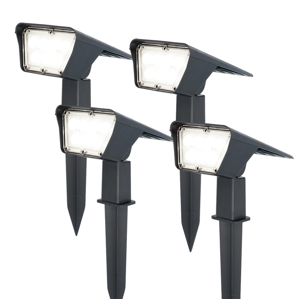 Set van 4 Odessa solar prikspots - Incl. Schemerschakelaar - 6000K daglicht wit - 2 lichtstanden - 300 lumen - 6-12 uur brandtijd - Kantelbaar - IP65 waterdicht | HOFTRONIC