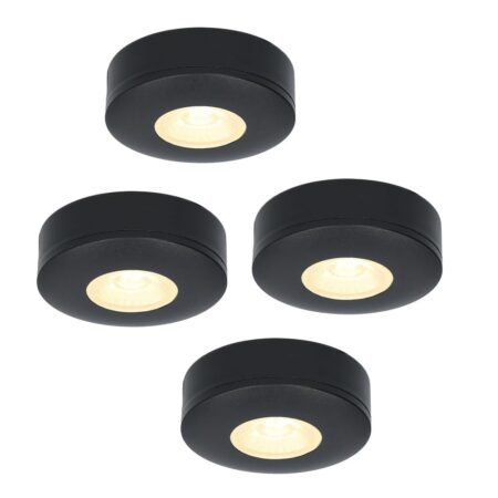 Set van 4 Pavo - Platte LED opbouwspots 23mm - 3W 300lm - 2700K - Dimbaar - Rond - IP44 - Zwart | HOFTRONIC