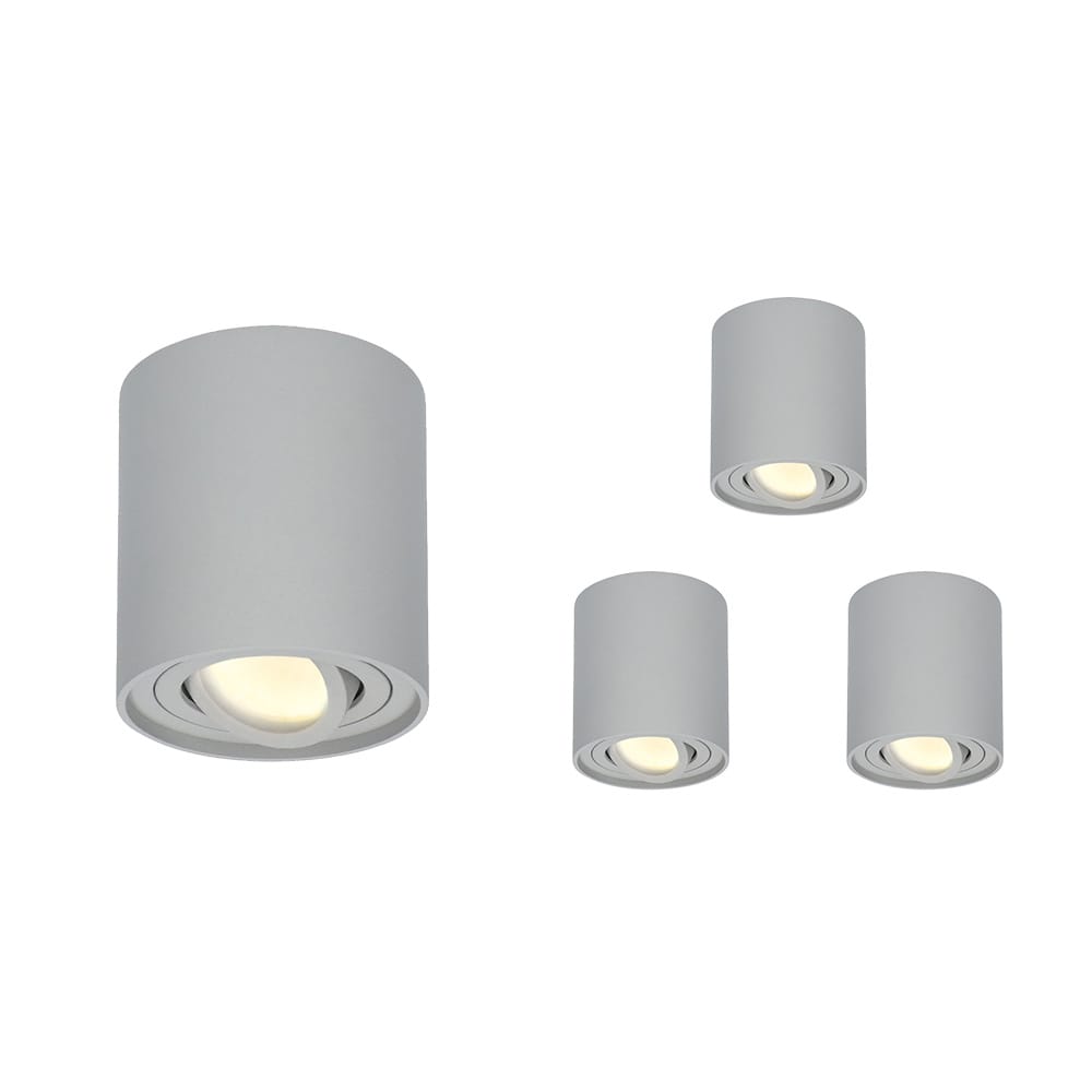 Set van 4 Ray LED opbouwspots - Rond - Dimbaar - 4 Watt 345 lumen - 2700K warm wit - Kantelbaar - GU10 - Plafondspot - IP20 Voor binnen - Grijs | HOFTRONIC