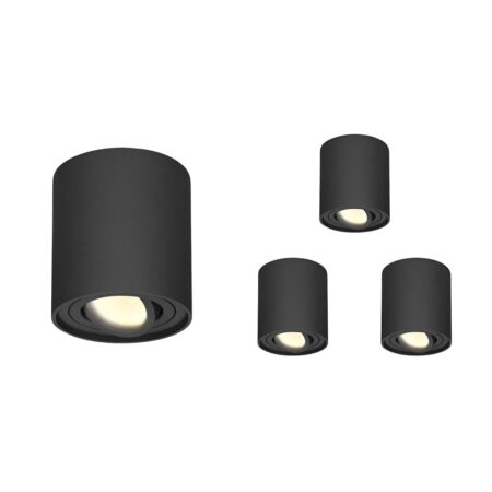 Set van 4 Ray LED opbouwspots - Rond - Dimbaar - 4 Watt 345 lumen - 2700K warm wit - Kantelbaar - GU10 - Plafondspot - IP20 Voor binnen - Zwart | HOFTRONIC