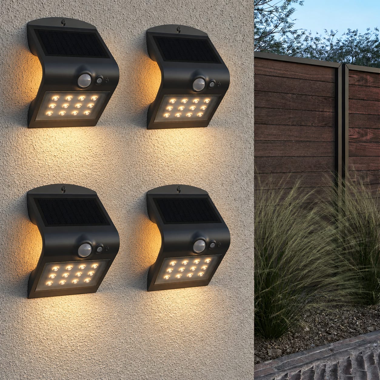 Set van 4 Rhodes Solar Wandlampen Up & Down - met Bewegingssensor - 1.5W - 3000K Warm wit - 2 lichtstanden - IP65 waterdicht - Wandlamp Schutting - Zwart | HOFTRONIC