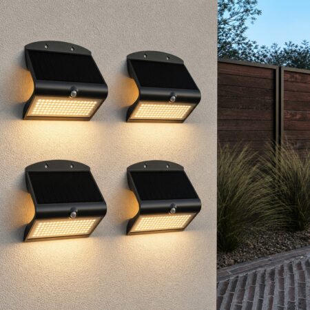Set van 4 Rhodes Solar Wandlampen Up & Down - met Bewegingssensor - 8W - 3000K Warm wit - 2 lichtstanden - IP65 waterdicht - Wandlamp Schutting - Zwart | HOFTRONIC