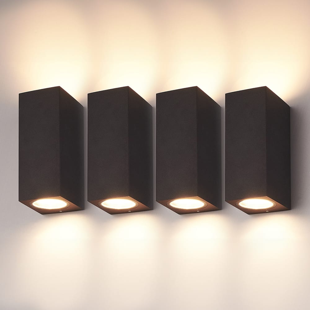 Set van 4 Selma LED Wandlampen - Up & Down Licht - Dimbaar - GU10 4 Watt 345 Lumen - 2700K Warm Wit - IP44 - Zwart - Polycarbonaat | HOFTRONIC