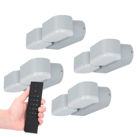 Set van 4 dimbare LED Wandlampen Dayton dubbel - grijs - 12 Watt 1320 lumen - 3000K - Up & Down light - kantelbaar - IP54 waterdicht - Incl. dimmer met afstandsbediening | HOFTRONIC