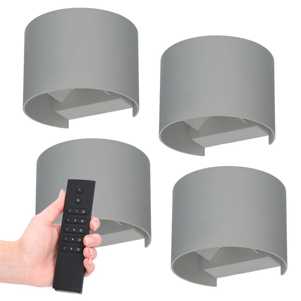 Set van 4 dimbare LED Wandlampen Denver - grijs - 6 Watt 660 lumen - 3000K - Up & Down light - IP54 waterdicht - Incl. dimmer met afstandsbediening | HOFTRONIC