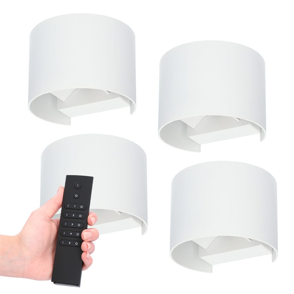 Set van 4 dimbare LED Wandlampen Denver - wit - 6 Watt 660 lumen - 3000K - Up & Down light - IP54 waterdicht - Incl. dimmer met afstandsbediening | HOFTRONIC