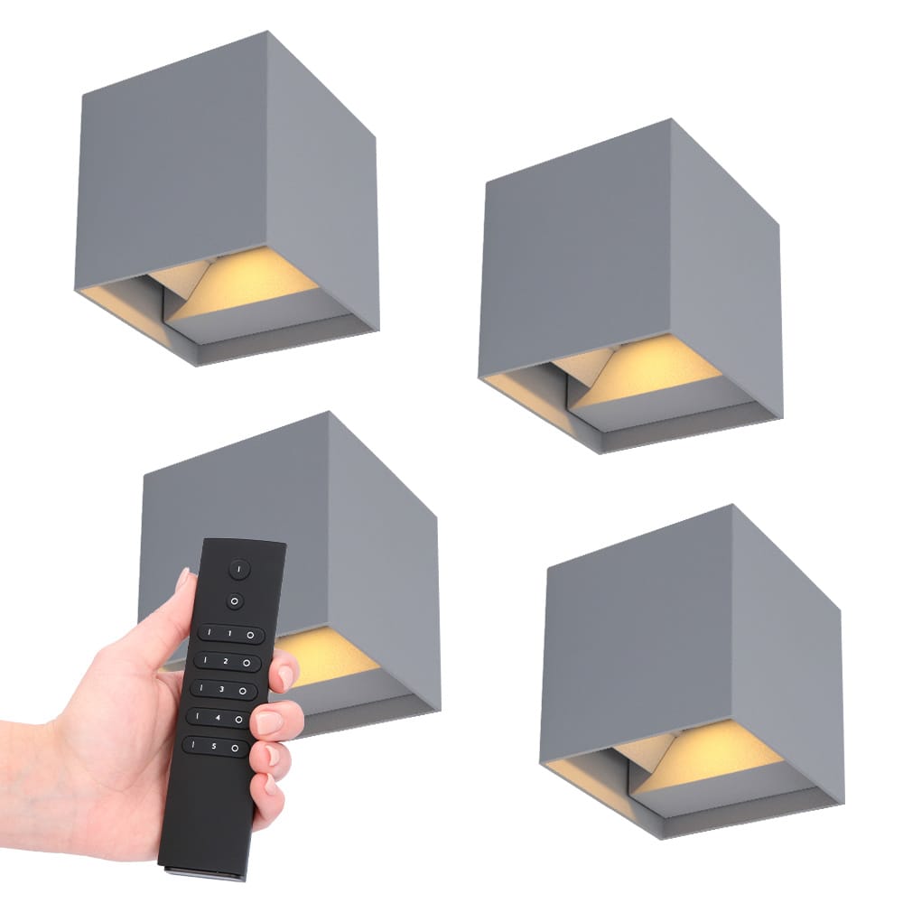 Set van 4 dimbare LED Wandlampen Kansas - grijs - 7 Watt 560 lumen - 3000K warm wit - Up & Down light - IP54 - Incl. dimmer met afstandsbediening | HOFTRONIC