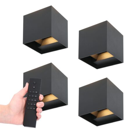 Set van 4 dimbare LED Wandlampen Kansas - zwart - 7 Watt 560 lumen - 3000K warm wit - Up & Down light - IP65 - Incl. dimmer met afstandsbediening | HOFTRONIC