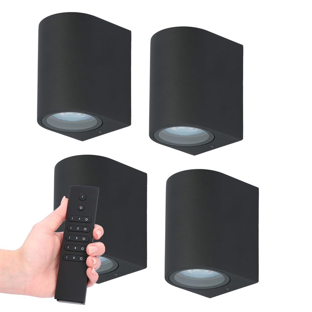 Set van 4 dimbare LED wandlamp Alvin - Zwart - 2700K warm wit - GU10 fitting - Downlight - IP65 Waterdicht - Incl. dimmer met afstandsbediening | HOFTRONIC
