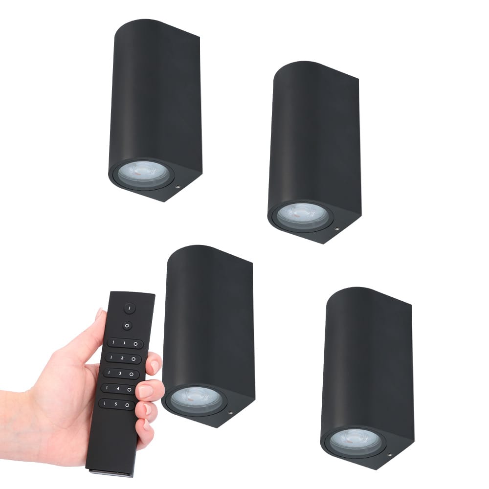 Set van 4 dimbare LED wandlamp Douglas - 2700K warm wit- GU10 - Up & Down light - IP65 Waterdicht - Incl. dimmer met afstandsbediening - tuinverlichting | HOFTRONIC