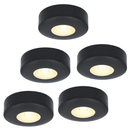 Set van 5 Pavo - Platte LED opbouwspots 23mm - 3W 300lm - 2700K - Dimbaar - Rond - IP44 - Zwart | HOFTRONIC