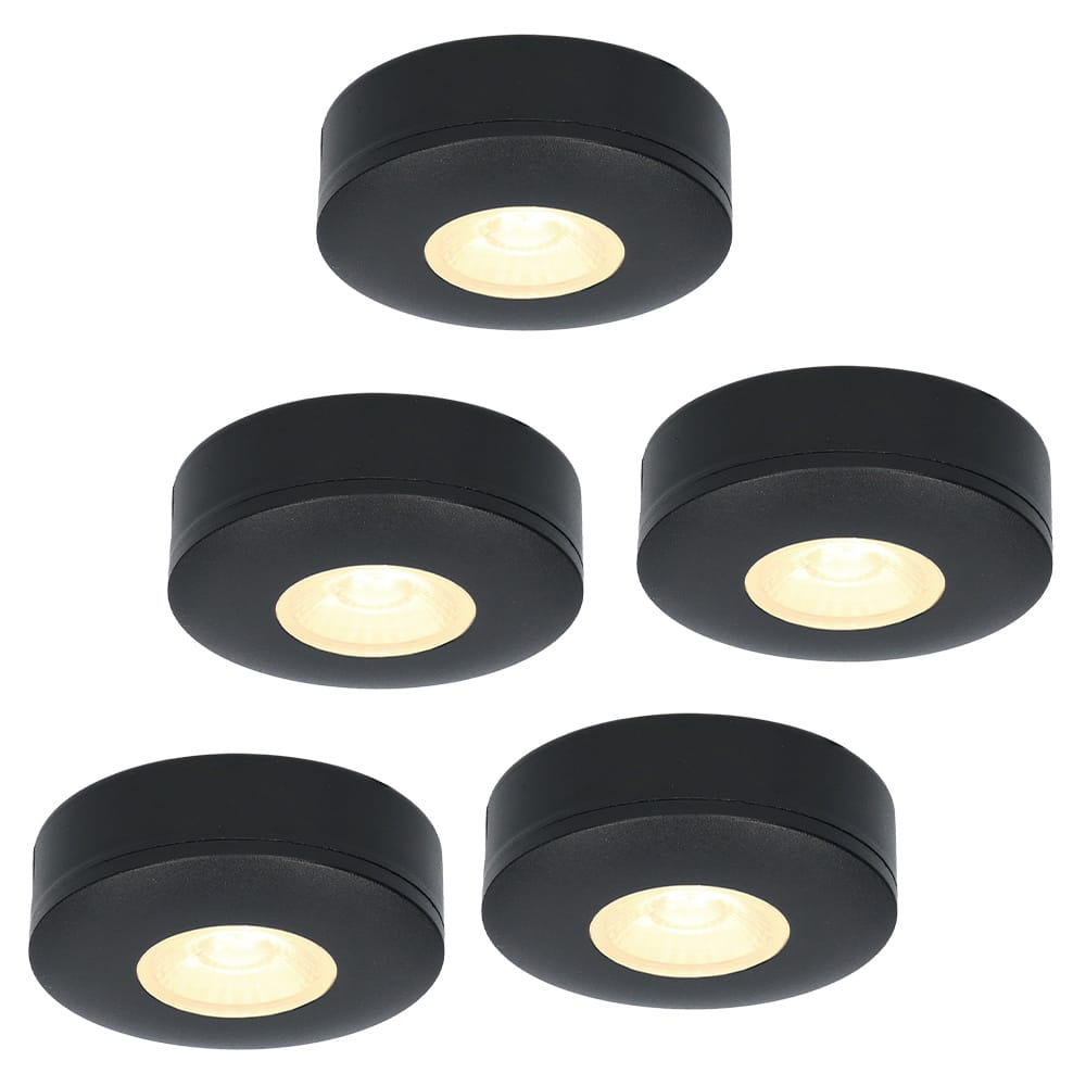Set van 5 Pavo - Platte LED opbouwspots 23mm - 3W 300lm - 2700K - Dimbaar - Rond - IP44 - Zwart | HOFTRONIC