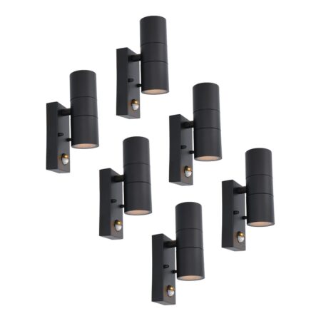 Set van 6 Blenda Wandlamp Zwart - 2700K Warm Wit - 8 watt 690 lumen - Bewegingssensor en Schemerschakelaar - IP44 Waterdicht - Up & Downlight voor buiten | HOFTRONIC