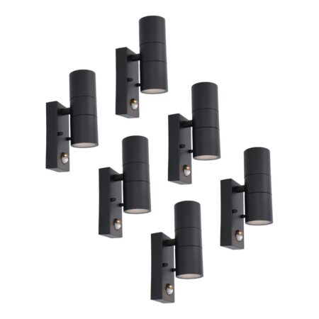 Set van 6 Blenda Wandlamp Zwart - 4000K neutraal wit - 8 Watt 690 Lumen - Bewegingssensor en Schemerschakelaar - IP44 Waterdicht - Up & Downlight voor buiten | HOFTRONIC