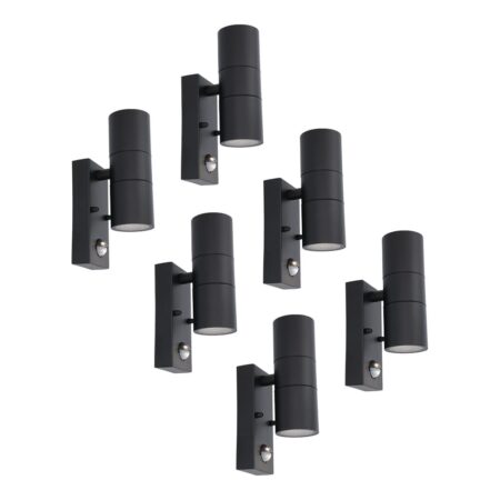Set van 6 Blenda Wandlamp Zwart - 6500K daglicht Wit - 8 Watt 690 Lumen - Bewegingssensor en Schemerschakelaar - IP44 Waterdicht - Up & Downlight voor buiten | HOFTRONIC