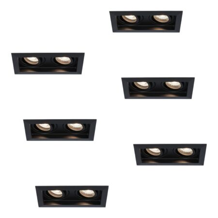 Set van 6 Durham LED Dubbele inbouwspots vierkant - 8 Watt 690 Lumen - 4000K neutraal wit - GU10 - Dimbaar Kantelbaar - Voor binnen - Zwart | HOFTRONIC