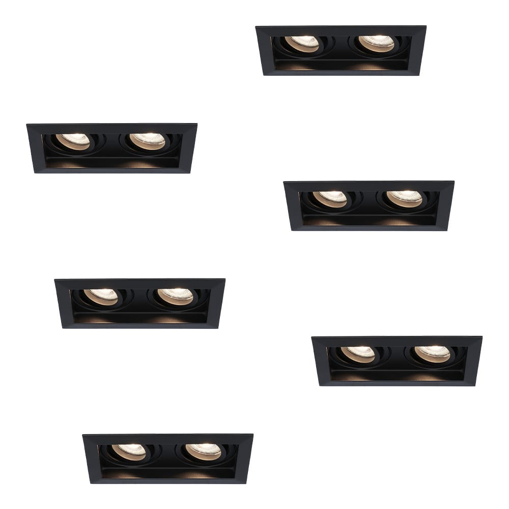 Set van 6 Durham LED Dubbele inbouwspots vierkant - 8 Watt 690 Lumen - 4000K neutraal wit - GU10 - Dimbaar Kantelbaar - Voor binnen - Zwart | HOFTRONIC