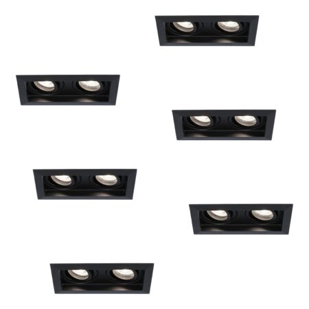 Set van 6 Durham LED Dubbele inbouwspots vierkant - 8 Watt 690 Lumen - 6500K daglicht wit - GU10 - Dimbaar Kantelbaar - Voor binnen - Zwart | HOFTRONIC