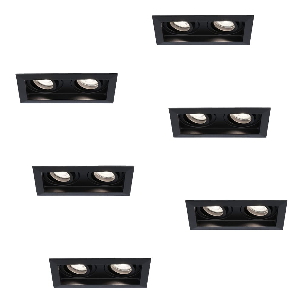 Set van 6 Durham LED Dubbele inbouwspots vierkant - 8 Watt 690 Lumen - 6500K daglicht wit - GU10 - Dimbaar Kantelbaar - Voor binnen - Zwart | HOFTRONIC