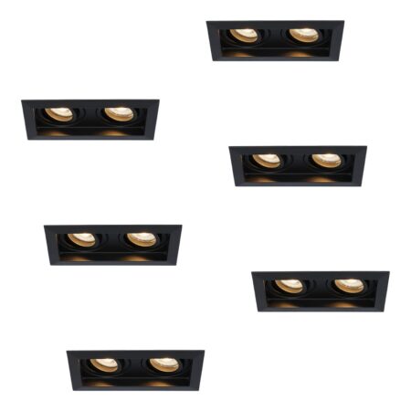 Set van 6 Durham LED Dubbele inbouwspots vierkant - 8 watt 690 lumen - 2700K Warm wit - GU10 - Dimbaar Kantelbaar - Voor binnen - Zwart | HOFTRONIC