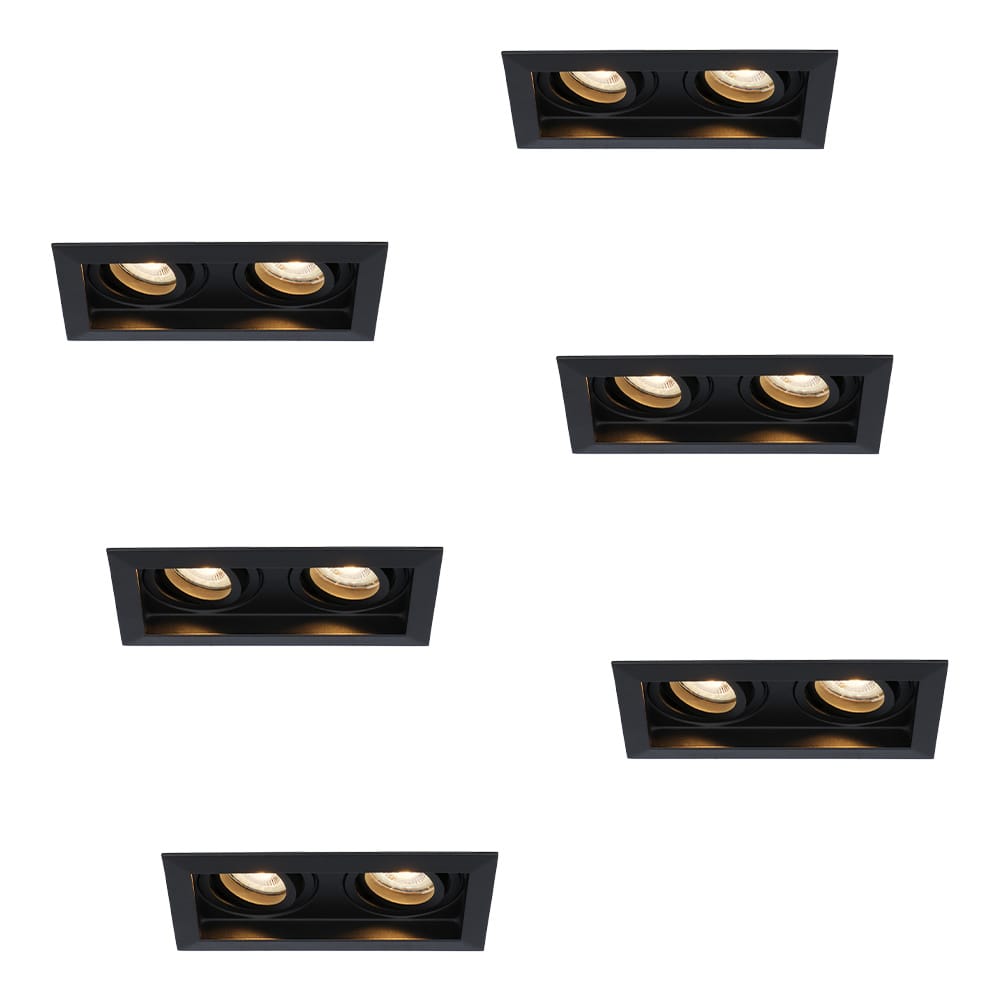 Set van 6 Durham LED Dubbele inbouwspots vierkant - 8 watt 690 lumen - 2700K Warm wit - GU10 - Dimbaar Kantelbaar - Voor binnen - Zwart | HOFTRONIC