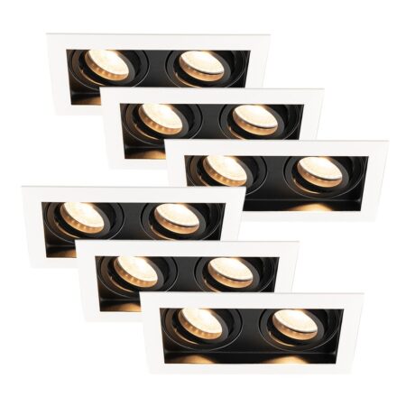 Set van 6 Durham - LED Inbouwspot - 8 watt 690 lumen - 2700K Warm wit - Dubbel - GU10 - Kantelbaar - IP20 voor binnen - Rechthoek - Wit/Zwart | HOFTRONIC