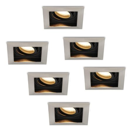 Set van 6 Durham LED inbouwspots vierkant - 4 Watt 345 lumen - 2700k warm wit - GU10 - Dimbaar Kantelbaar - Voor binnen - RVS | HOFTRONIC