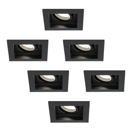 Set van 6 Durham vierkante LED inbouwspots - 4 Watt 345 Lumen - 4000K neutraal wit - GU10 - Dimbaar Kantelbaar - Voor binnen - Zwart | HOFTRONIC