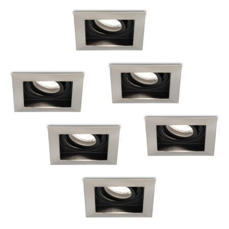 Set van 6 Durham vierkante LED inbouwspots - 4 Watt 345 Lumen - 6500K daglicht wit - GU10 - Dimbaar Kantelbaar - Voor binnen - RVS | HOFTRONIC