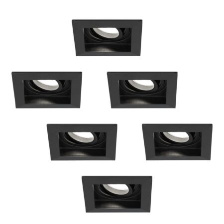 Set van 6 Durham vierkante LED inbouwspots - 4 Watt 345 Lumen - 6500K daglicht wit - GU10 - Dimbaar Kantelbaar - Voor binnen - Zwart | HOFTRONIC